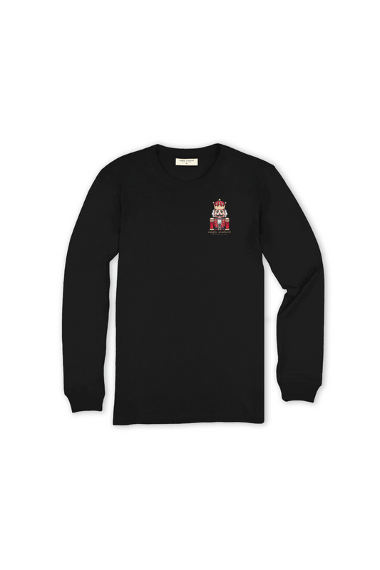 Black long-sleeve shirt with a logo on the chest against a white background