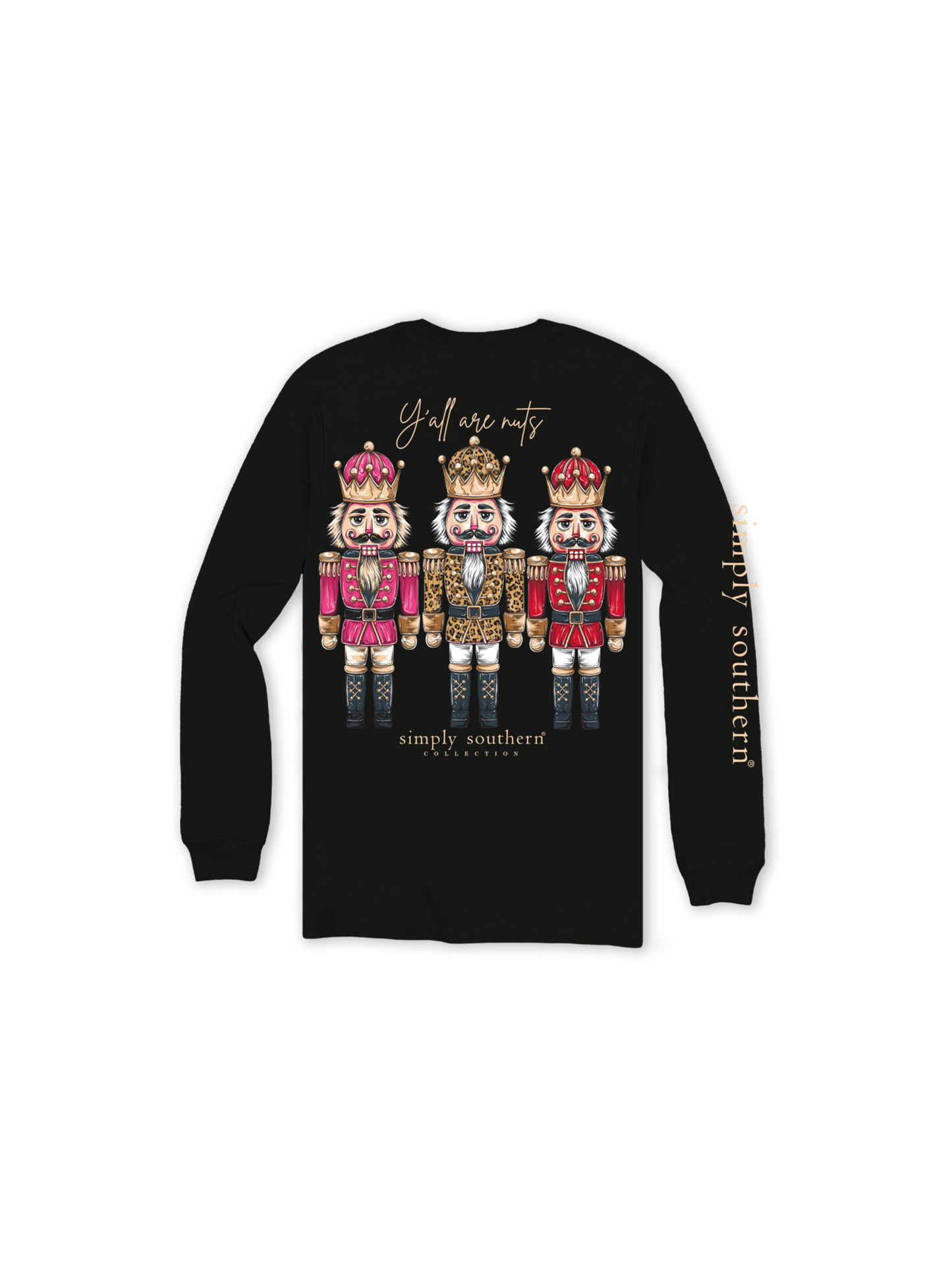 Black long-sleeve shirt with Nutcracker design and 'Simply Southern' text on a white background