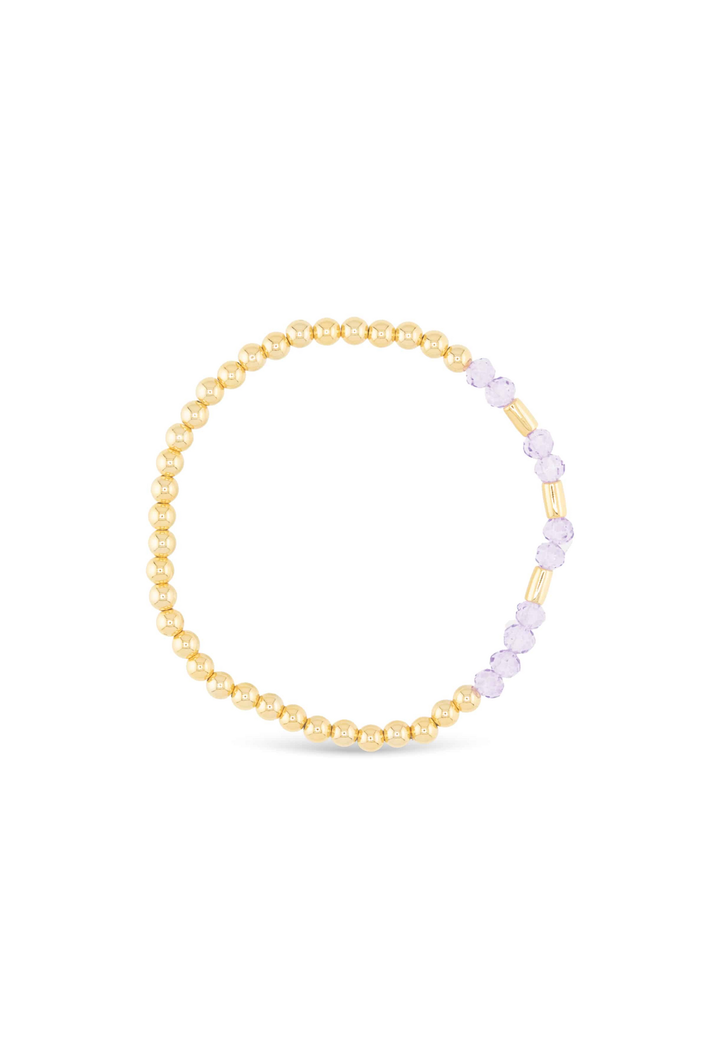 Gold and purple beaded bracelet on a white background