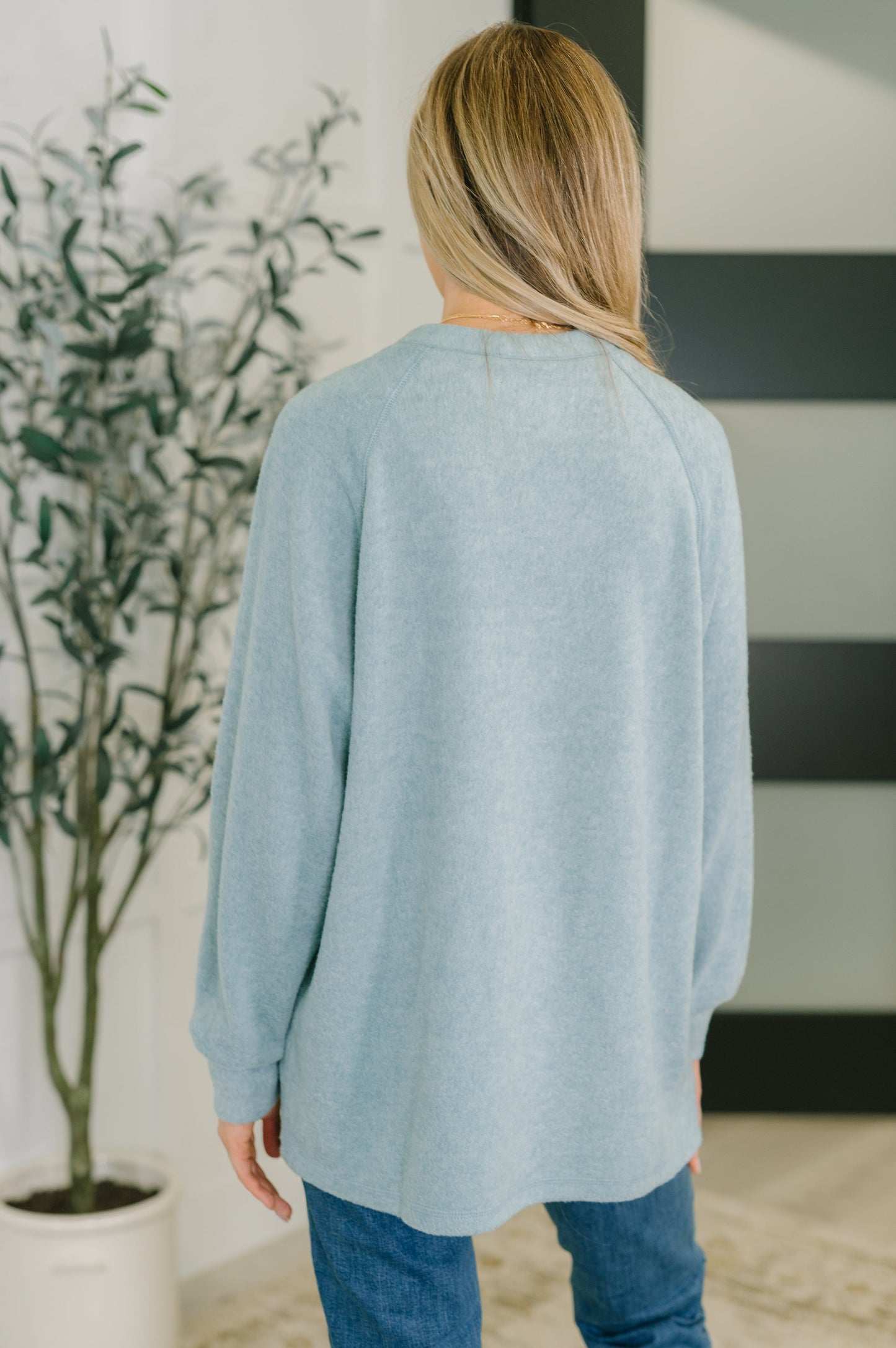 Person wearing a light blue sweater in an indoor setting with a plant and wall art.