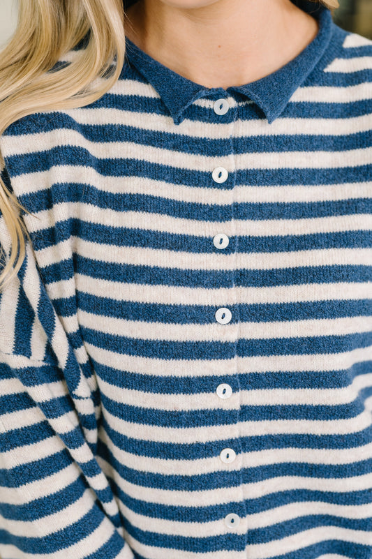 Won't Be Long Collared Sweater Button Down in Navy (Online Exclusive)