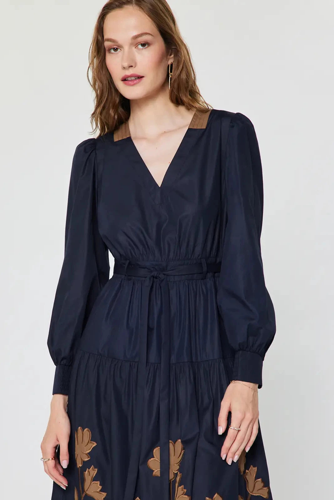 Embroidered Midi Navy Dress