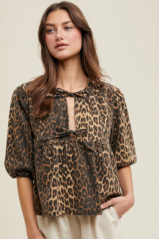 Bow Detail Leopard Denim Top