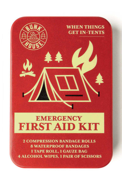 Red emergency first aid kit with camping-themed design on a white background