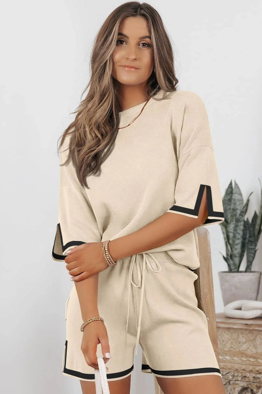 Ribbed Knit Shorts Lounge Set - Beige