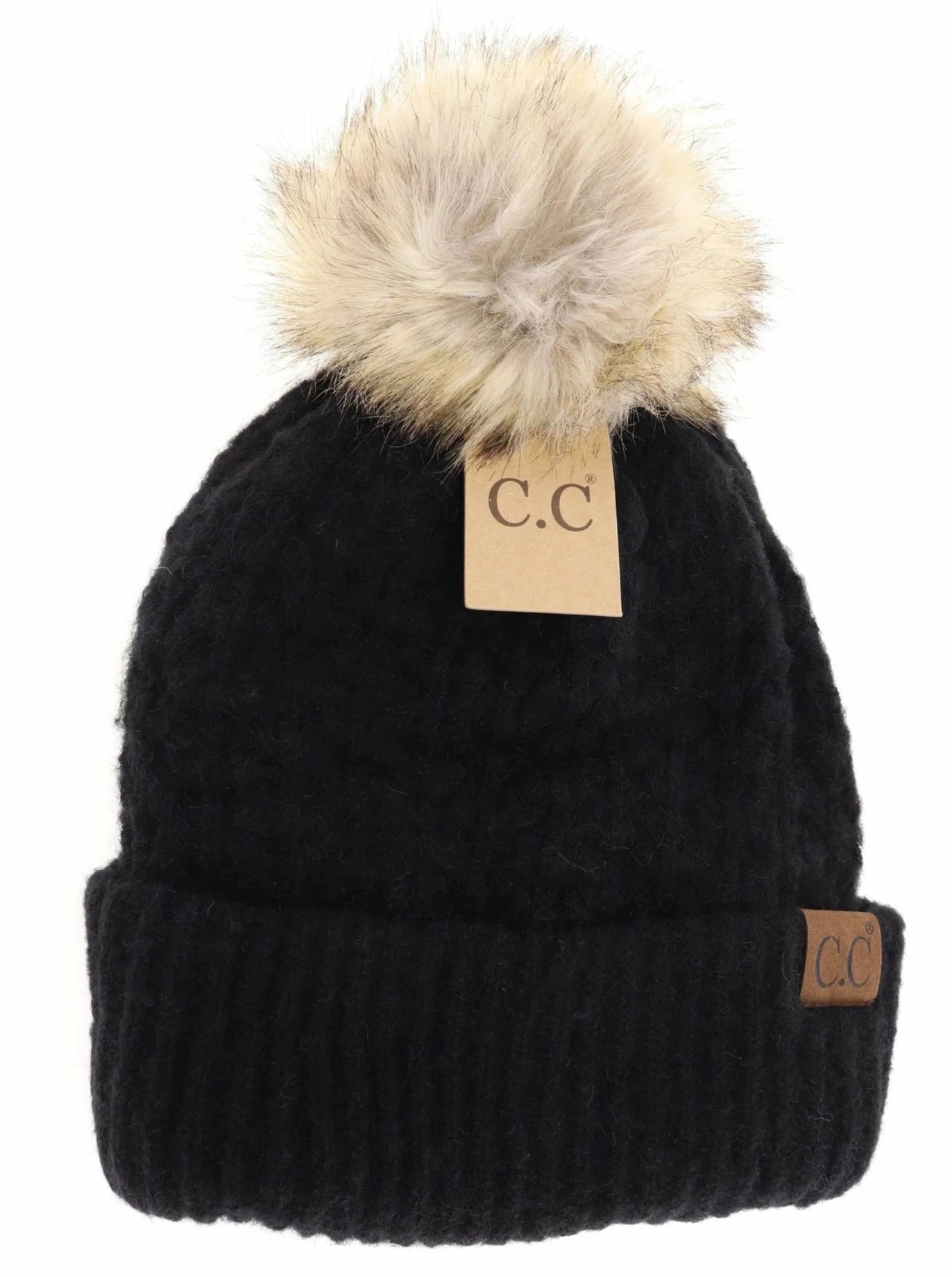 Black Stitch Fur Pom C.C Beanie