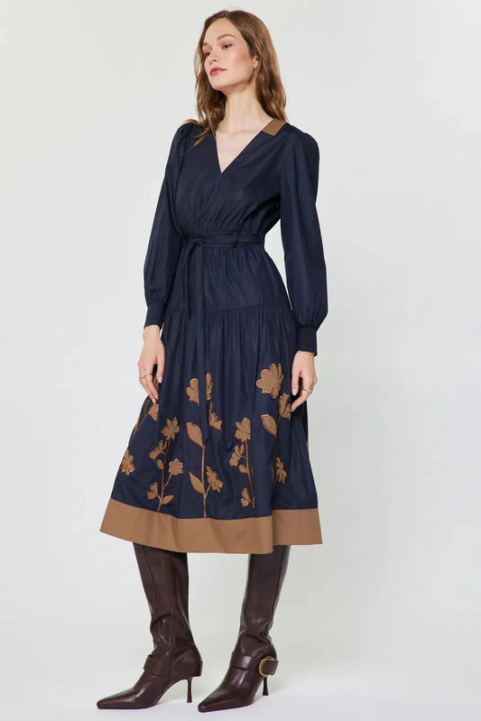 Embroidered Midi Navy Dress