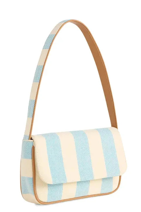 blue and cream striped bag with brown leather