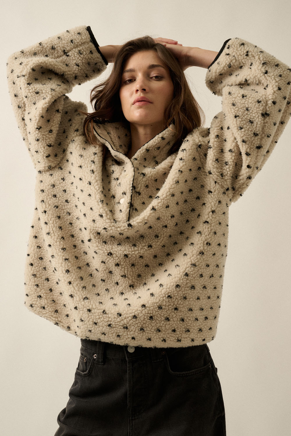 Dotted Sherpa Fleece High-Collar Half-Snap Pullover Jacket