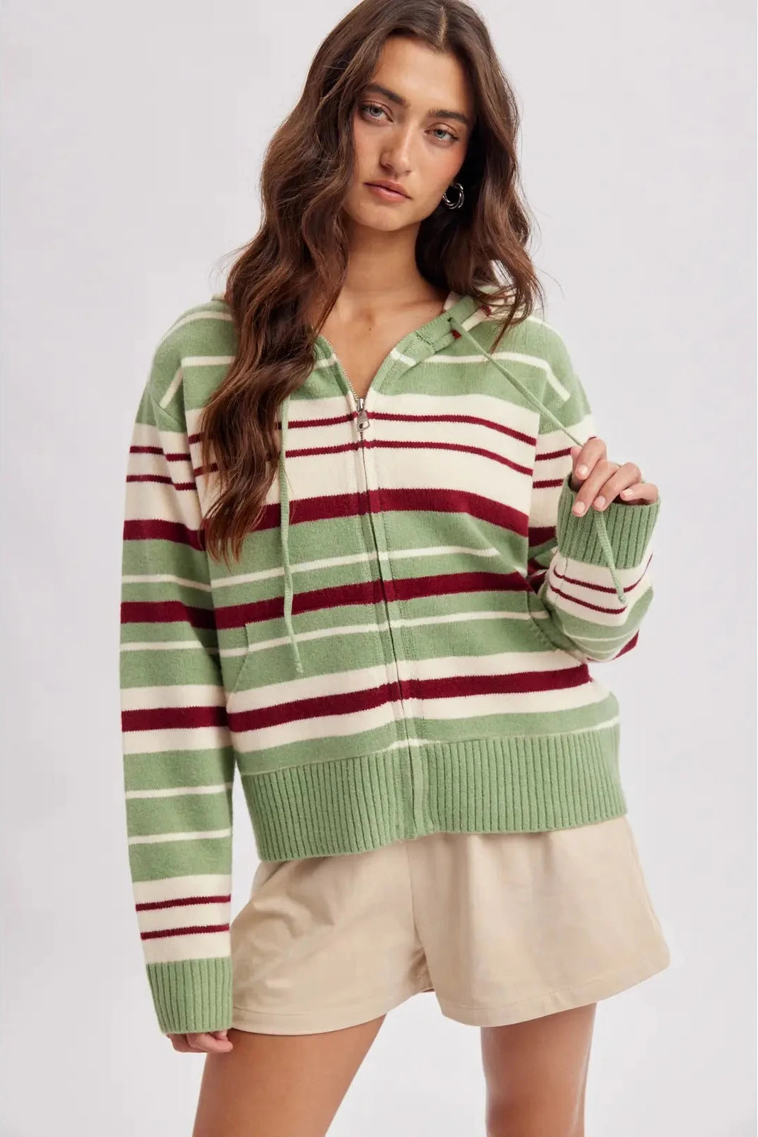 Sage & Burgundy Stripped Zip Up