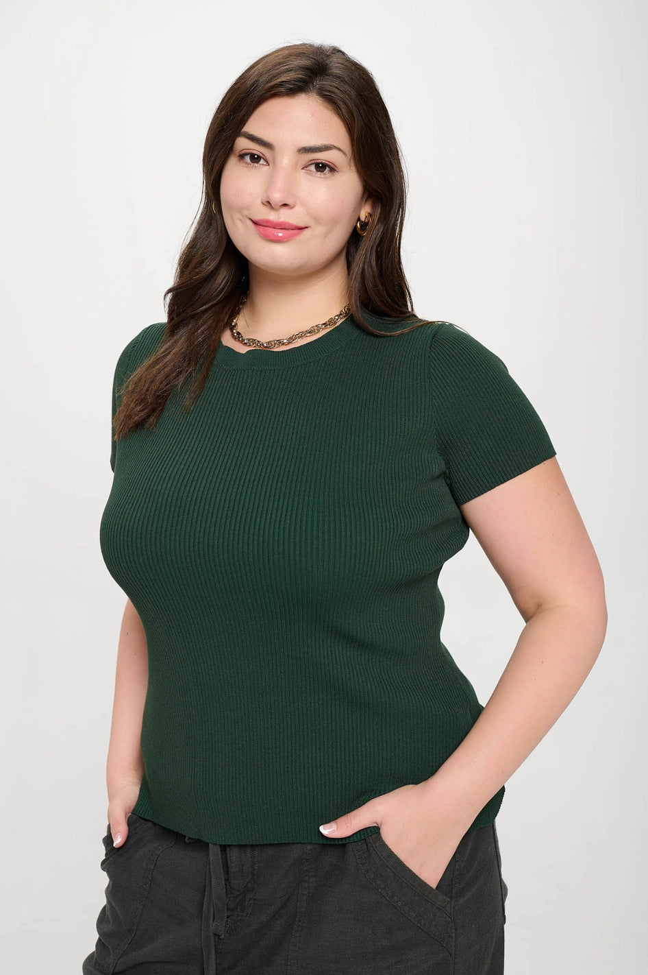 Plus Ribbed Sweater Knit Top - Hunter Green