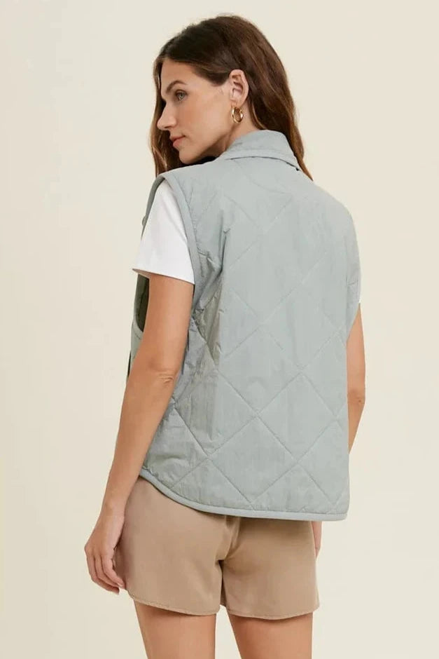 Quilted Button Up Vest - Sage