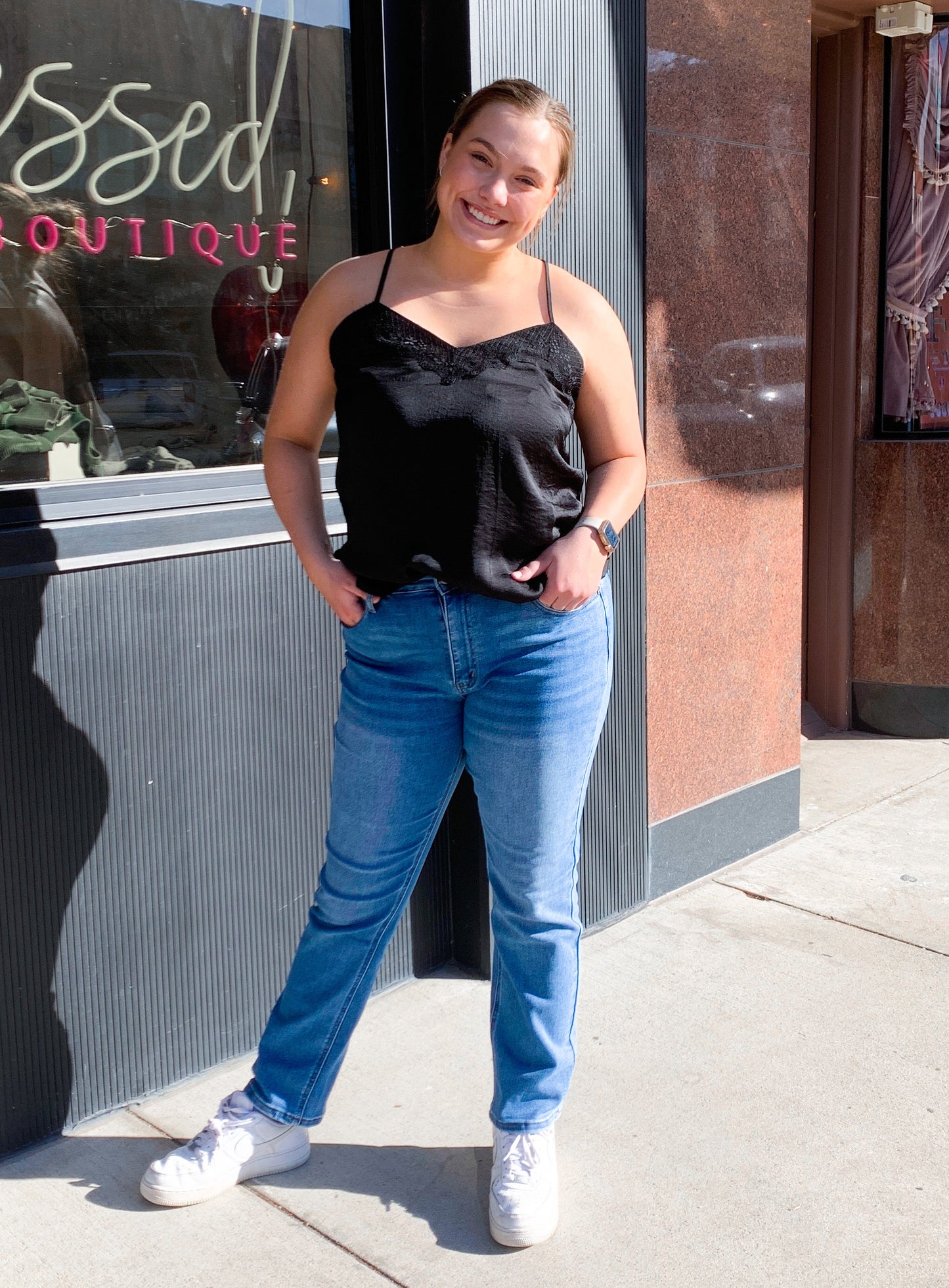Black Satin Tank Top with Lace