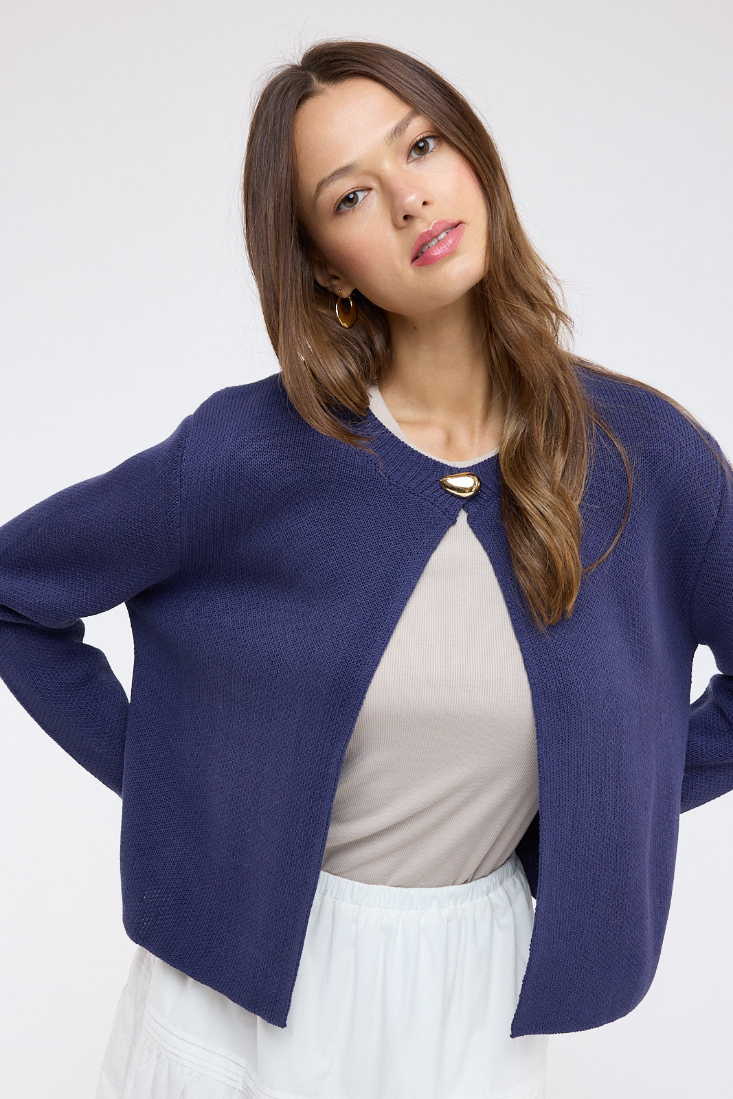 Navy Sweater Cardigan with Gold Button