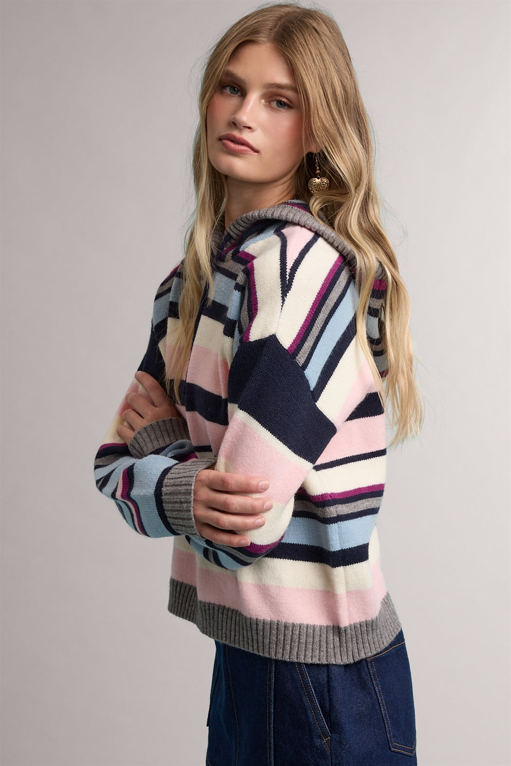 Pink Mult Stripe Sweater Hoodie