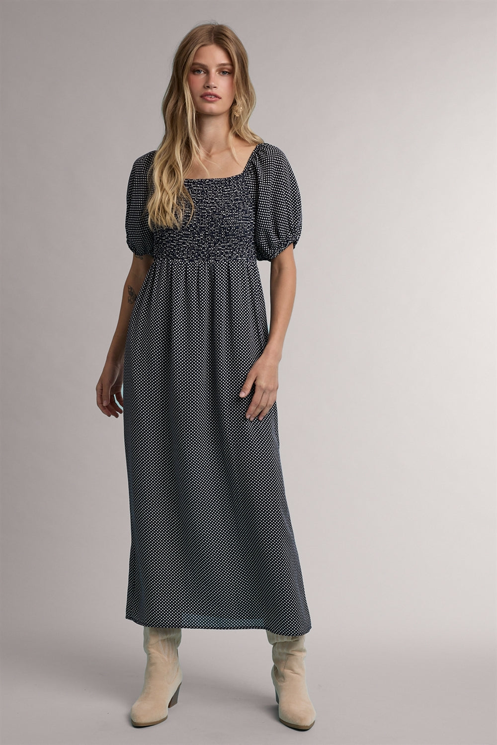 Smocked Polka Dot Maxi Dress
