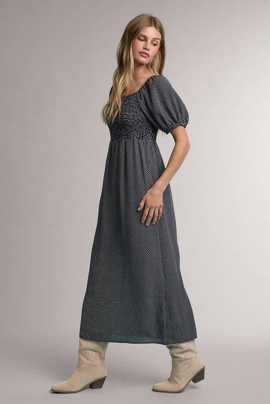 Smocked Polka Dot Maxi Dress
