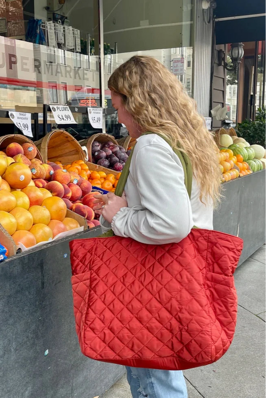 Large Reversible Nylon Tote - Red/Taupe