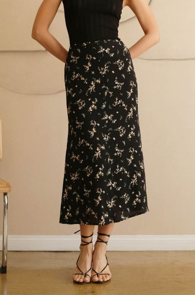 Floral Button Down Midi Skirt - Black