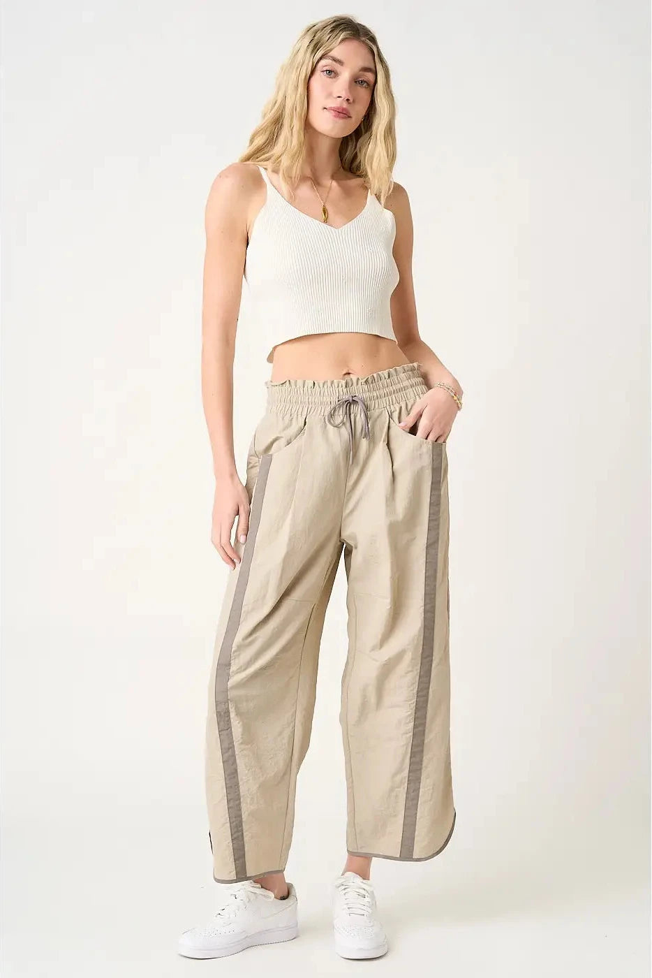Sporty Striped Barrel Pants - Stone