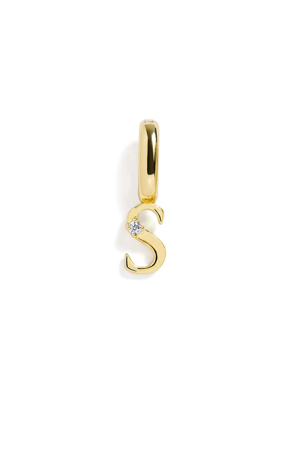 Gold pendant shaped like the letter 'S' with a small diamond on a white background