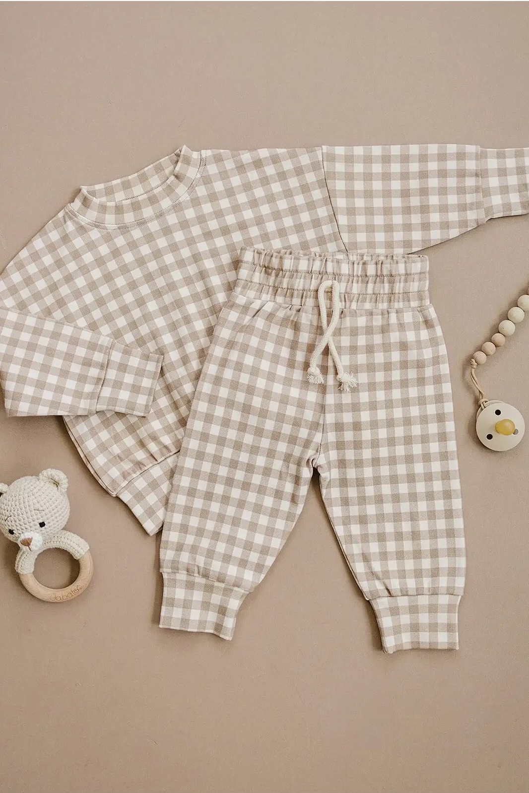 Beige Gingham Jogger Set