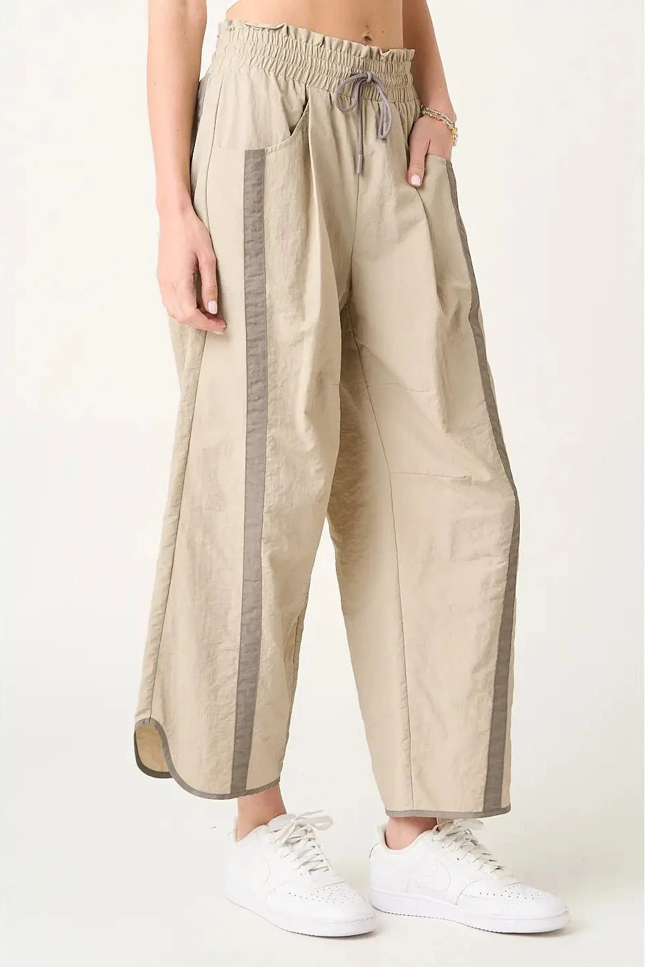 Sporty Striped Barrel Pants - Stone