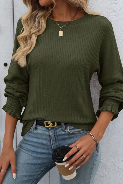 Chic Ruffle Ribbed Knit Top - Olive Green