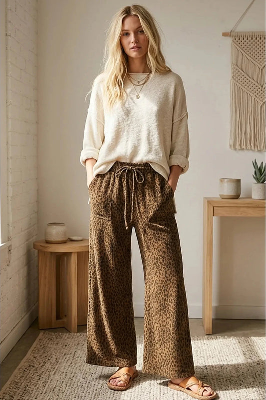 Leopard Wide Leg Drawstring Pants