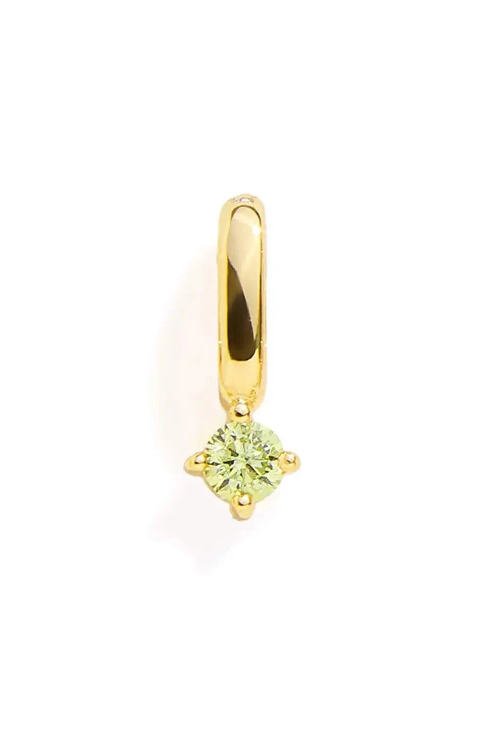 Gold earring with a green gemstone on a white background