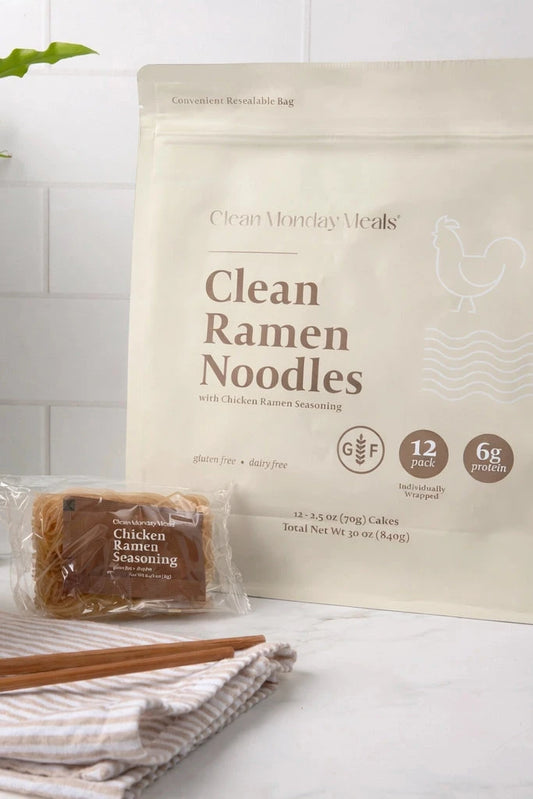 Clean Ramen Noodles package with seasoning packet on a kitchen counter