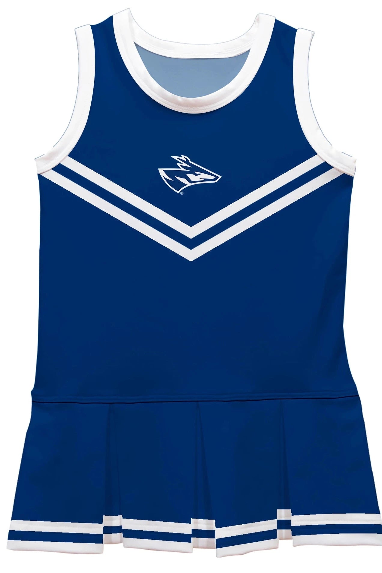Blue cheerleader outfit with white accents on a white background