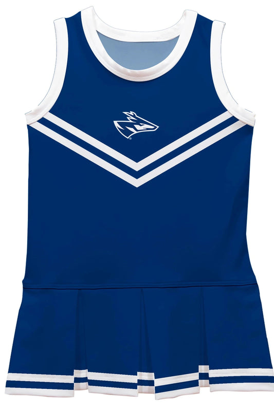 Blue cheerleader outfit with white accents on a white background