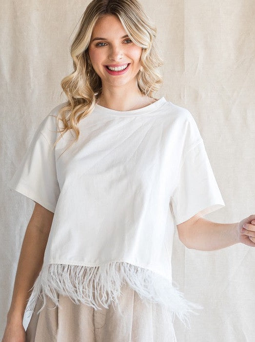 Women's White Feather Trim Shirt - Size 8