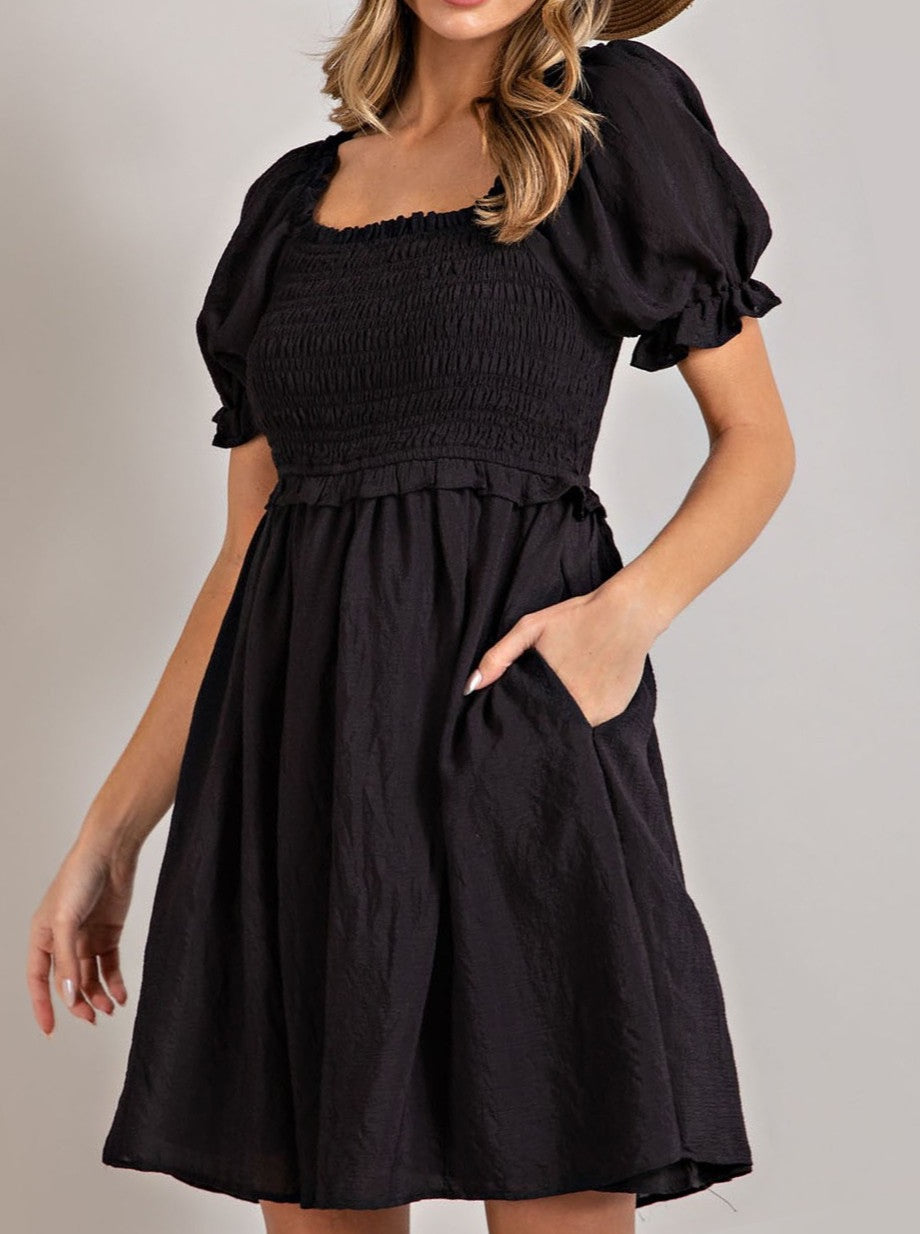 Smocked Ruffle Sleeve Dress - Black