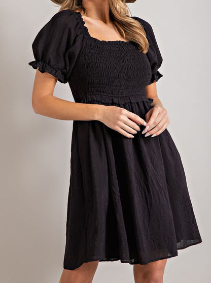 Smocked Ruffle Sleeve Dress - Black