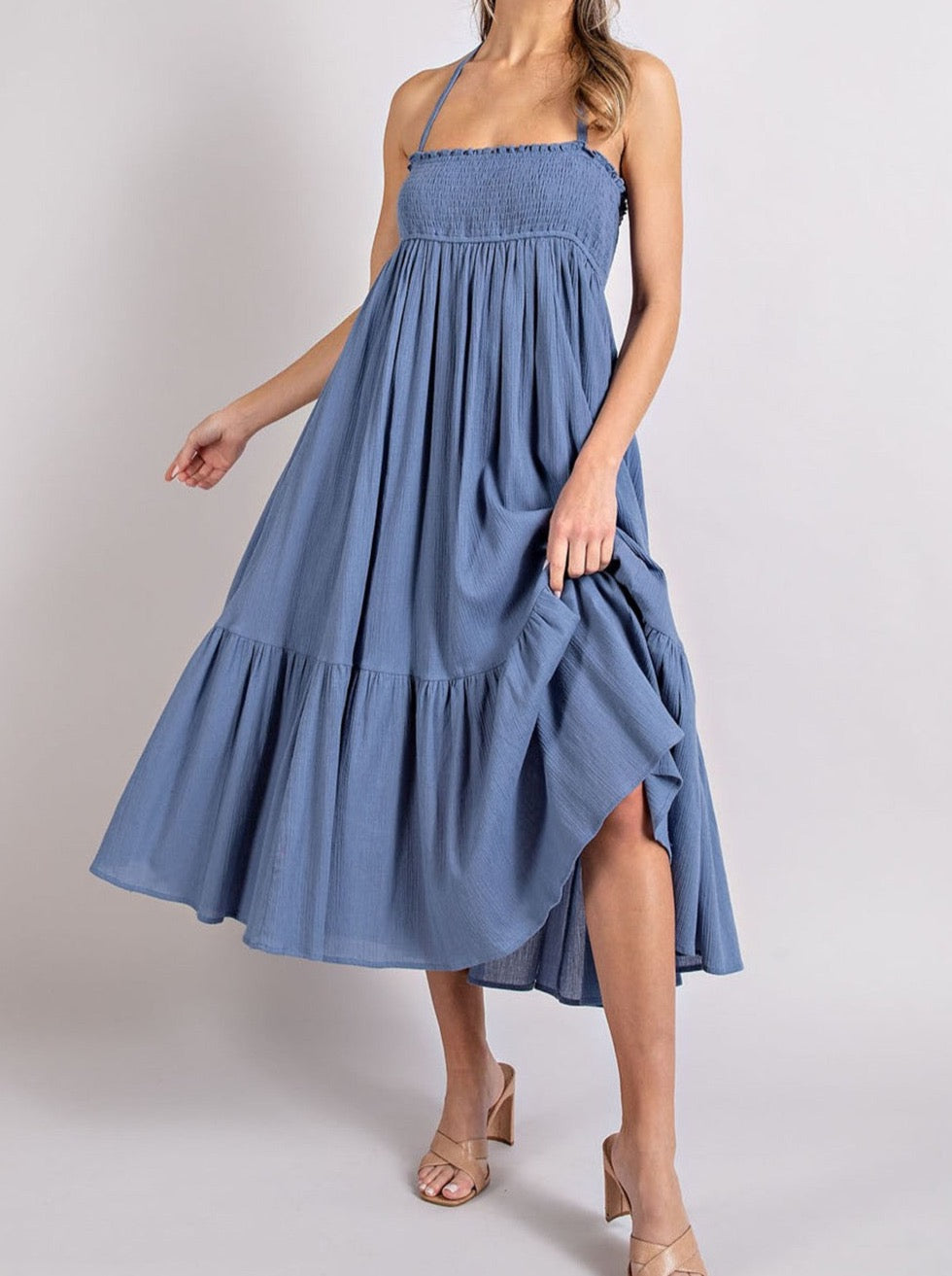 Blue Smocked Midi Dress