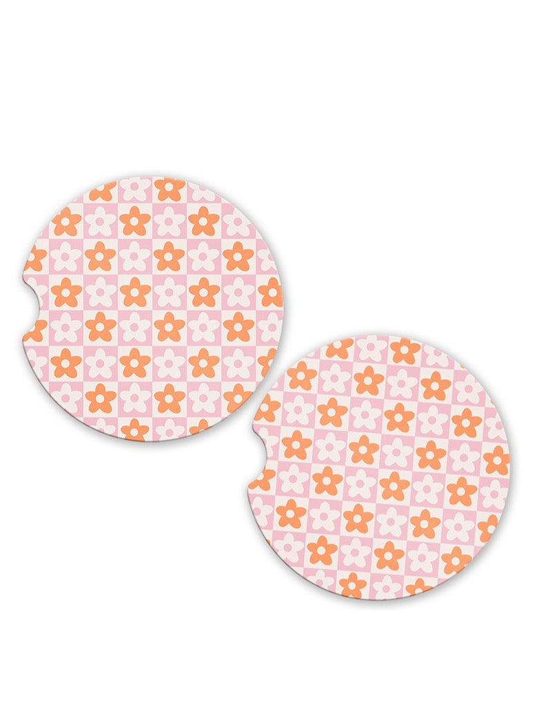 Pink Floral Checkers Car Coaster