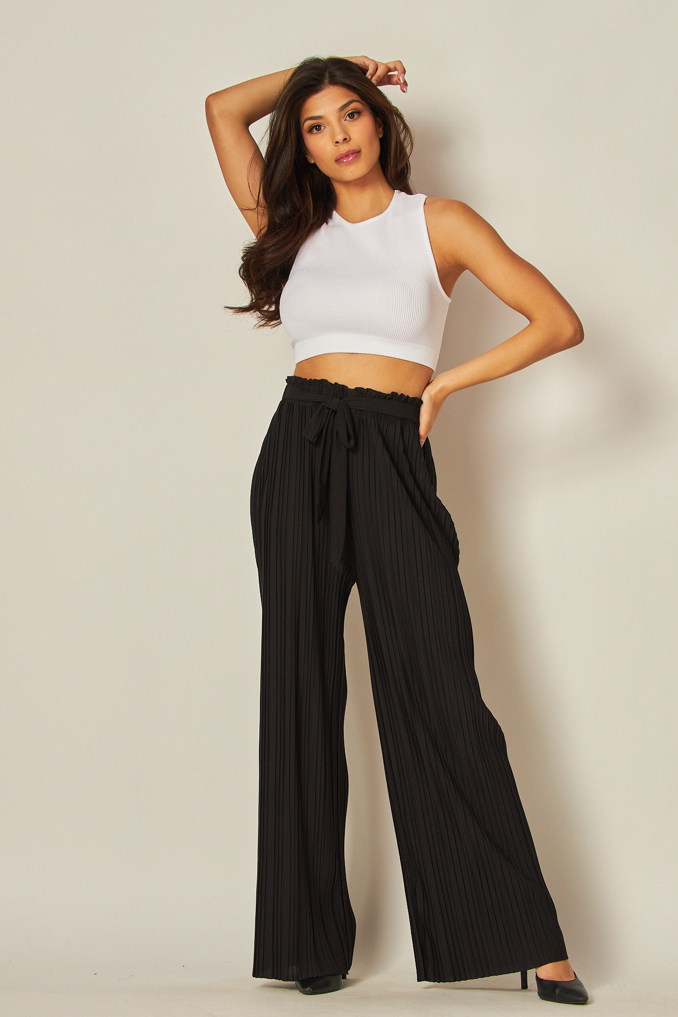 Tie Front Pleated Pant - Black