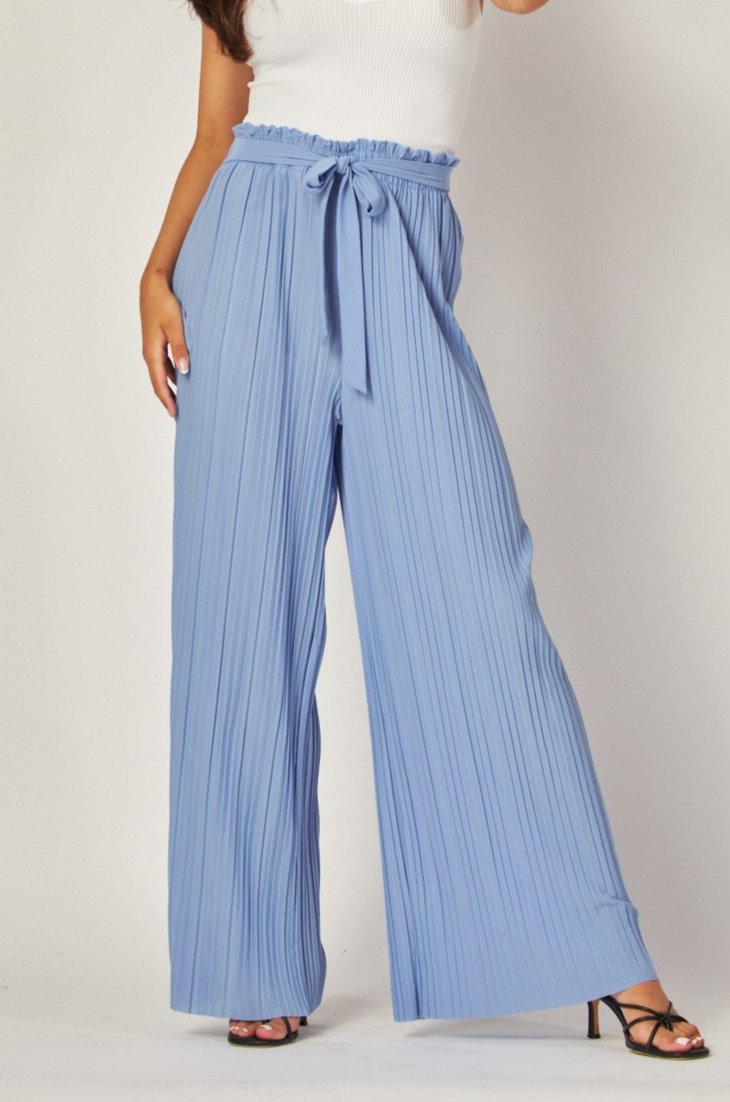 Tie Front Pleated Pant - Light Blue