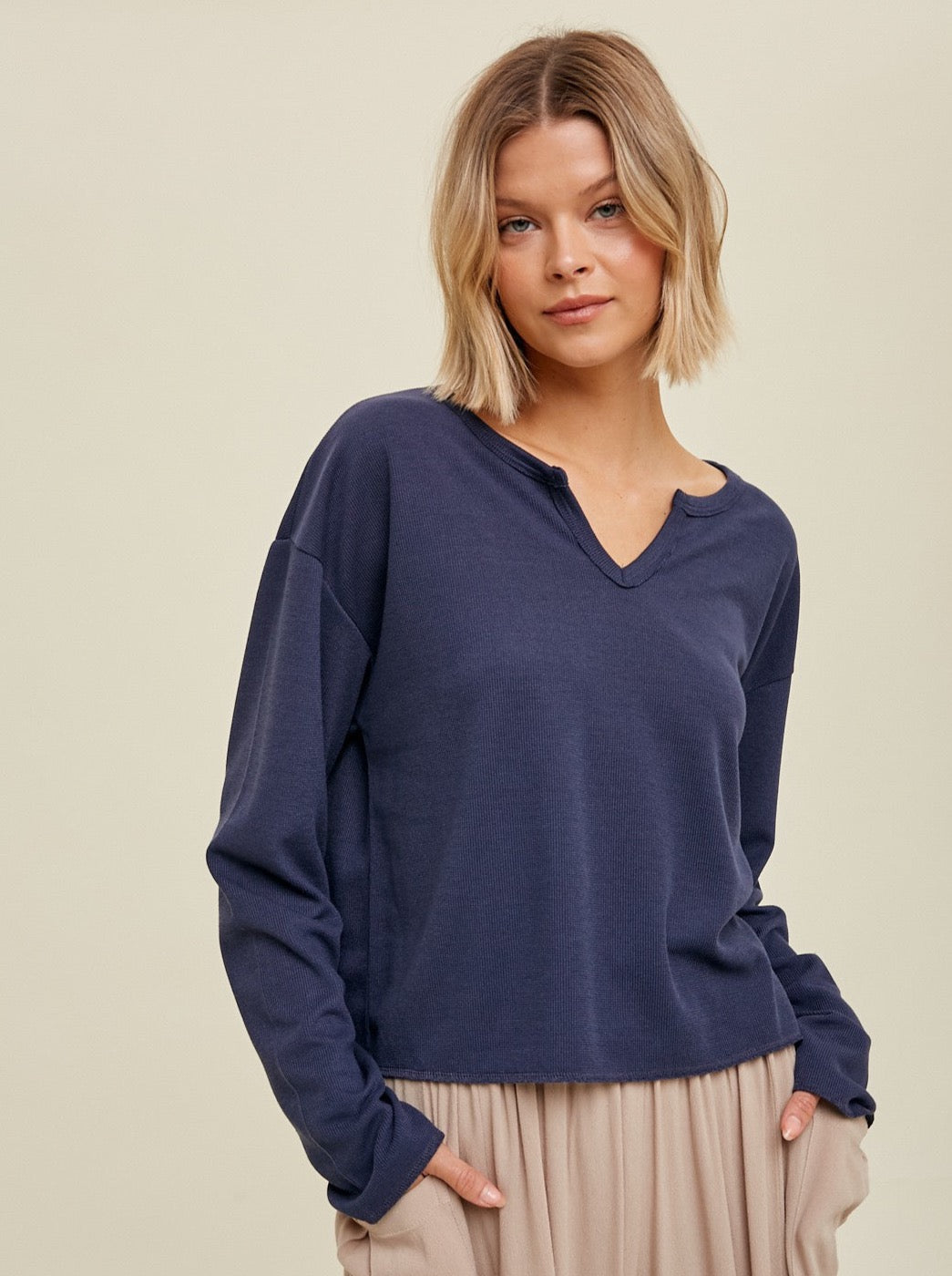 Navy Waffle Knit Top