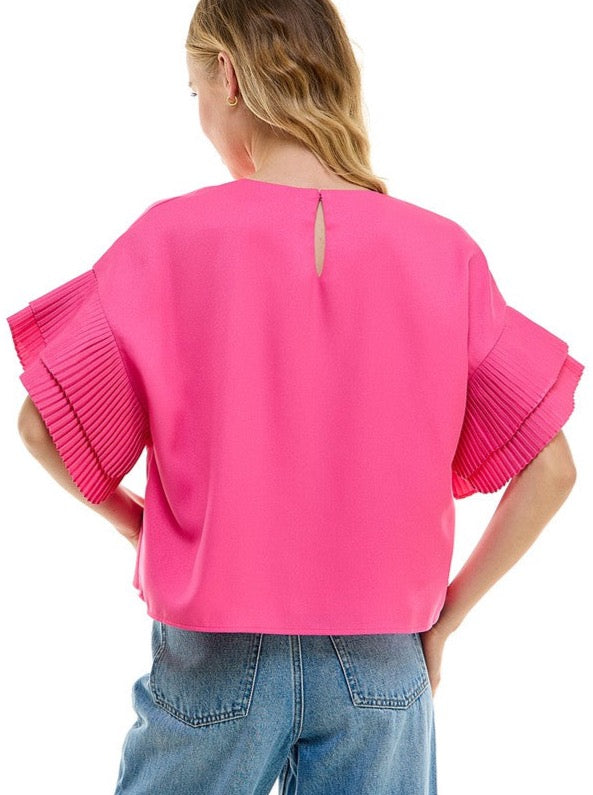 Pink Pleated Ruffle Detail Top