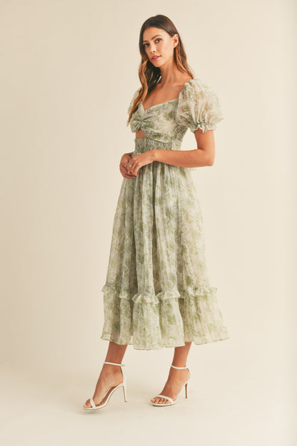 Sage Floral Print Twist Midi Dress