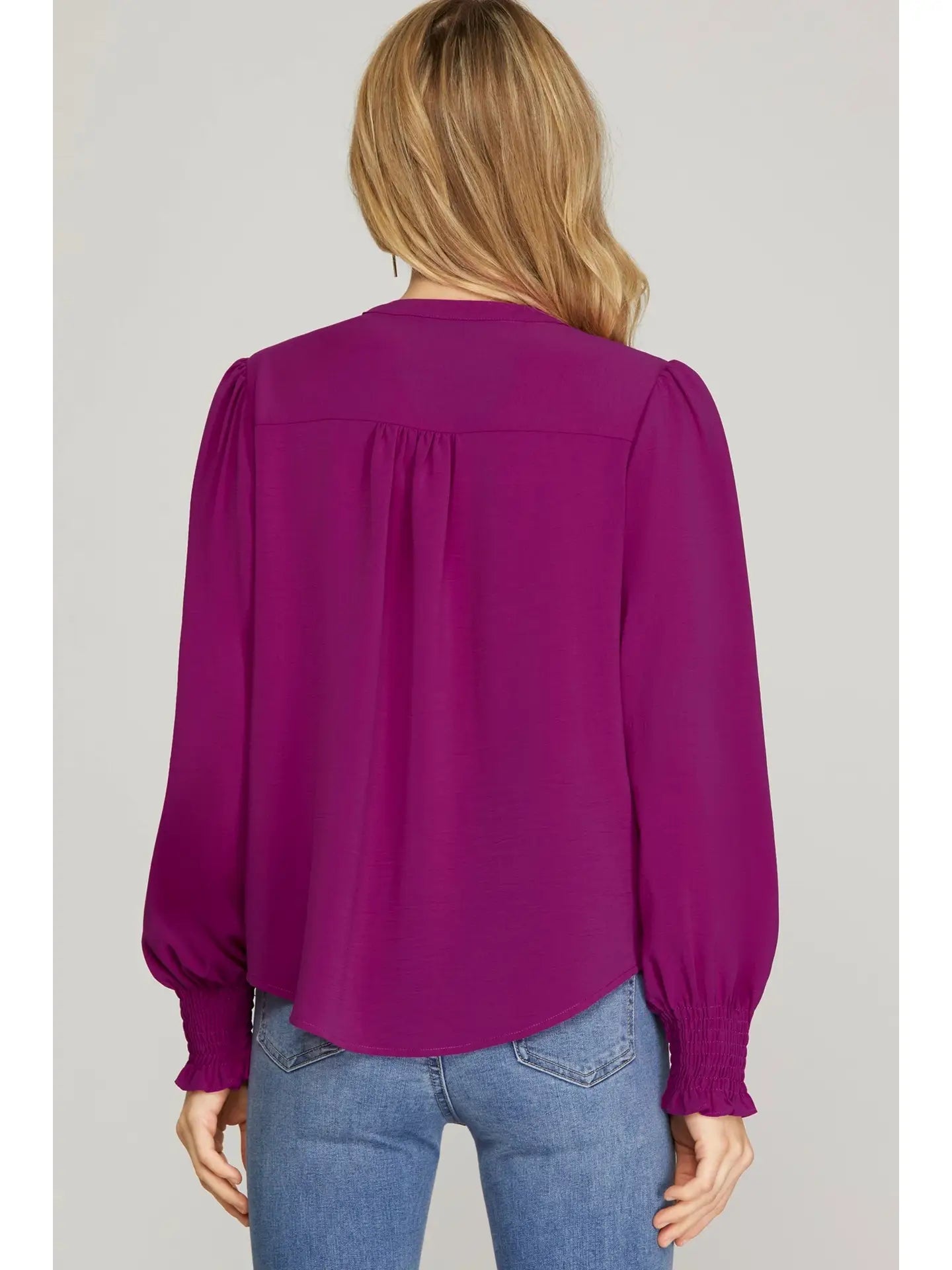 Long Smocked Sleeve Blouse - Magenta