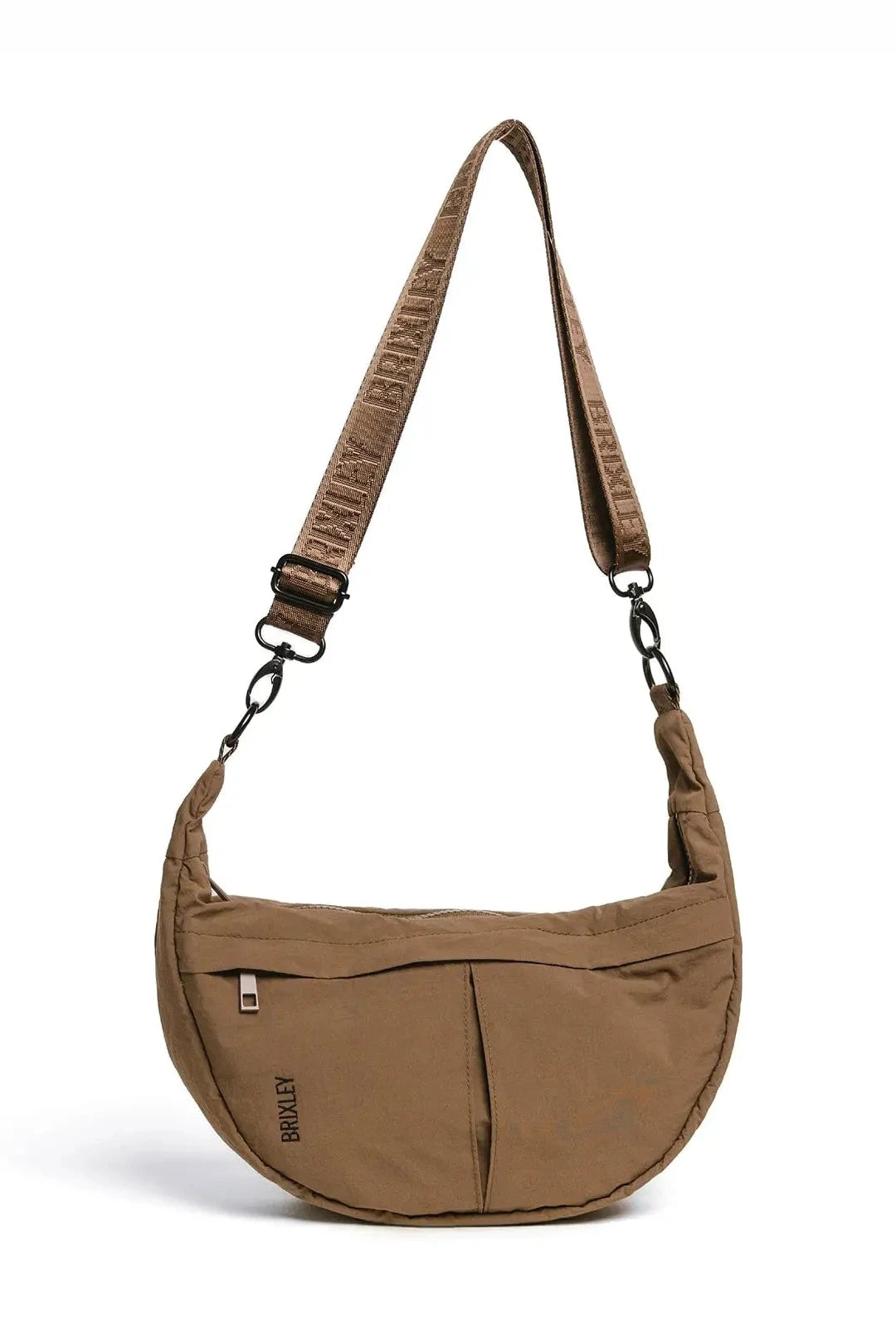 Brown shoulder bag with a strap on a white background