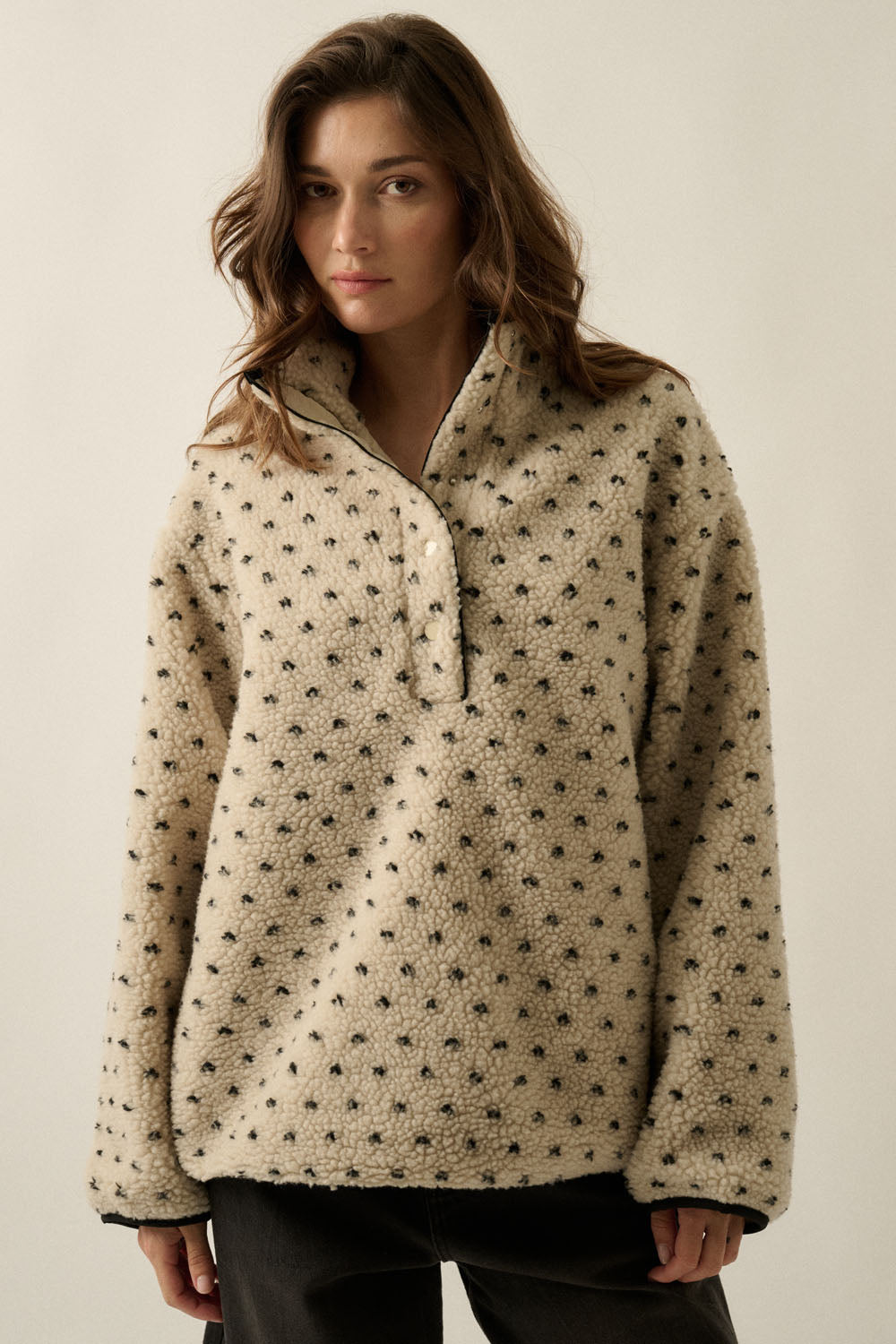 Dotted Sherpa Fleece High-Collar Half-Snap Pullover Jacket