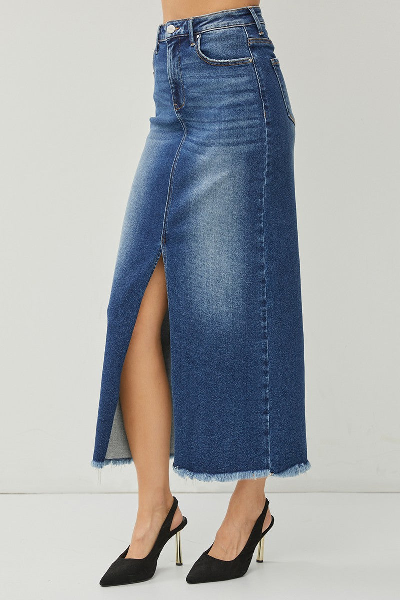 Risen High Rise Long Denim Skirt