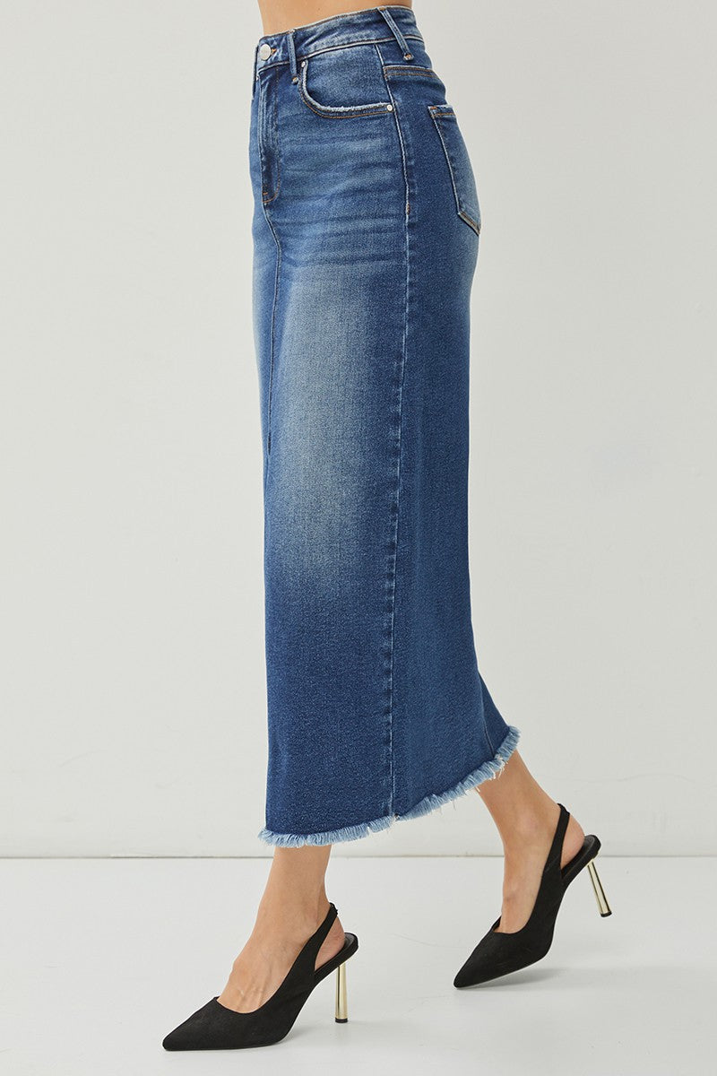 Risen High Rise Long Denim Skirt