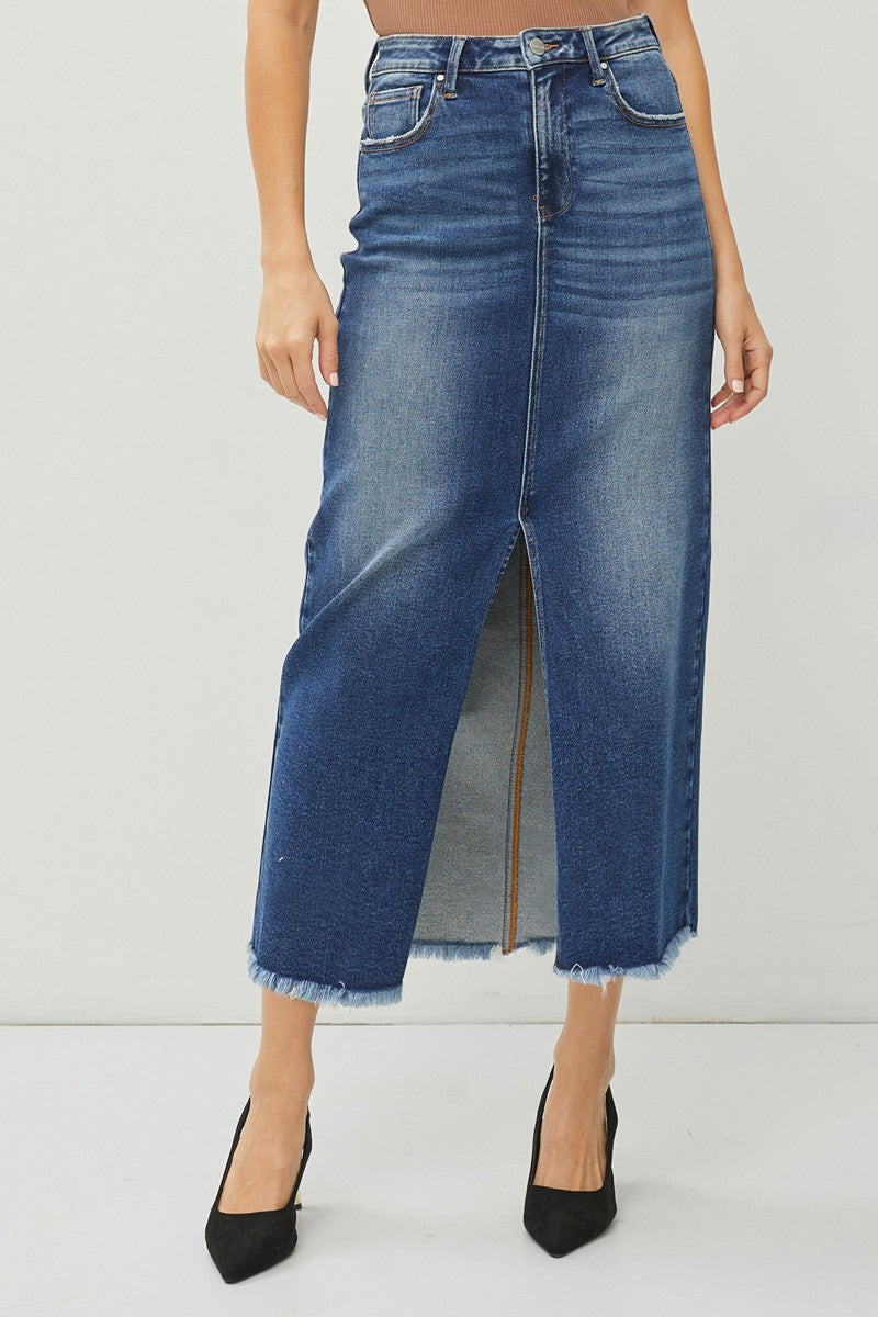 Risen High Rise Long Denim Skirt
