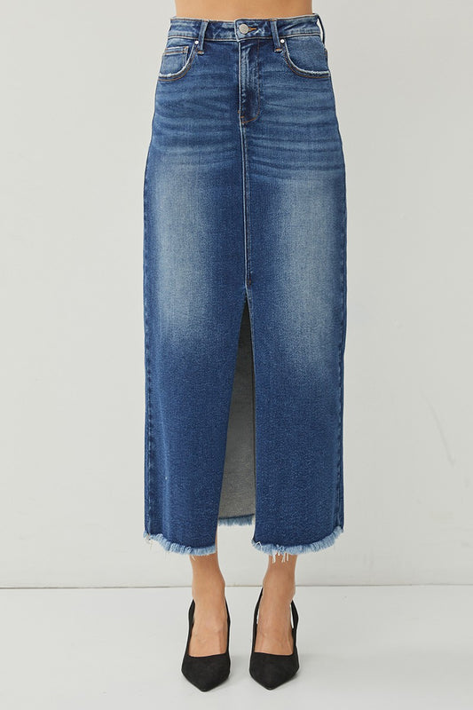 Risen High Rise Long Denim Skirt